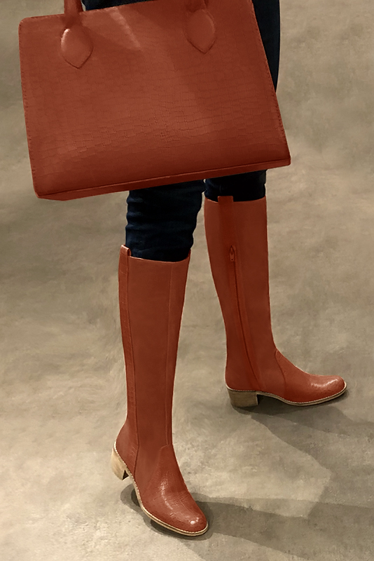 Terracotta orange women's riding knee-high boots. Round toe. Low leather soles. Made to measure. Worn view - Florence KOOIJMAN